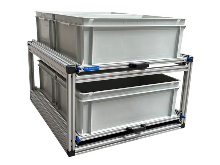 Aluminium dubbel schuifplateau met 4 open bakken - 80 x 60 cm