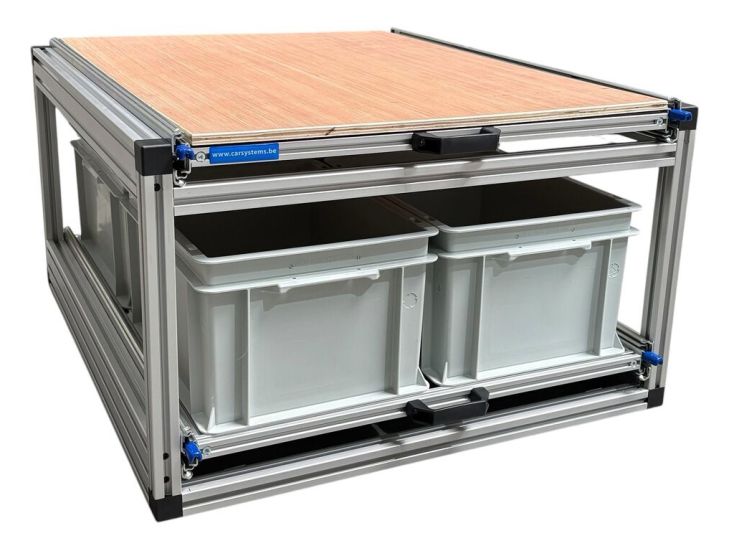 Aluminium dubbel schuifplateau met 3 open bakken - 80 x 60 cm